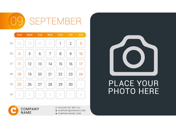 Desk Calendar for 2016 Year. September. Vector Design Print Template with Place for Photo, Logo and Contact Information. Week Starts Sunday. Calendar Grid with Week Numbers