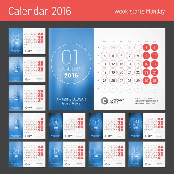 Calendário para 2016 Ano. Modelo de impressão de design vetorial. A semana começa segunda-feira. Grade de calendário com números da semana. Conjunto de 12 Meses —  Vetores de Stock
