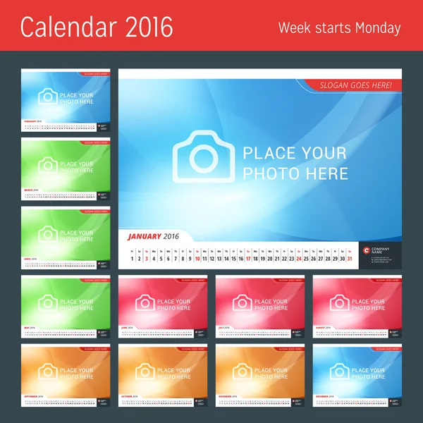 Calendário de linha para 2016 Ano. Modelo de impressão de design vetorial. A semana começa segunda-feira. Conjunto de 12 Meses —  Vetores de Stock