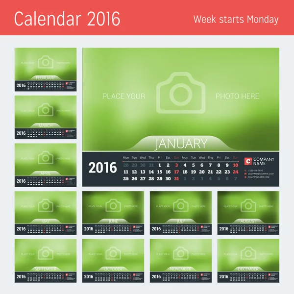 Линейный календарь на 2016 год. Шаблон для печати векторного дизайна. Начинается в понедельник. Комплект из 12 месяцев — стоковый вектор