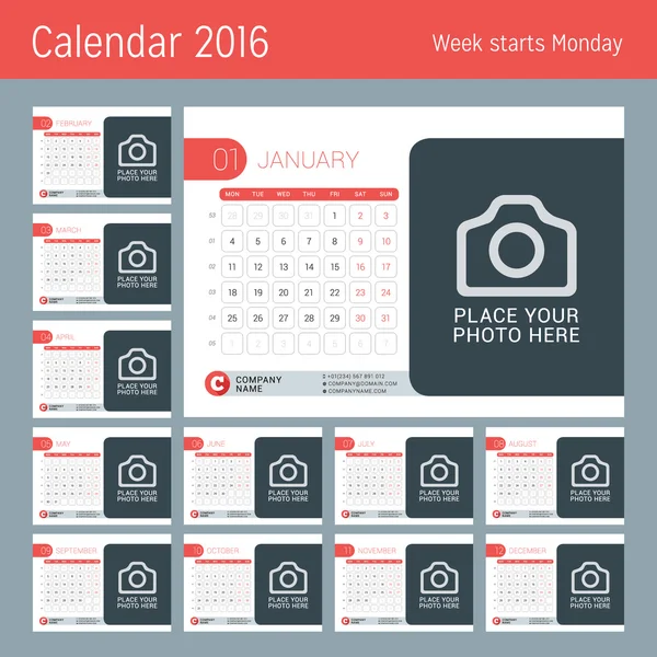 Календар на 2016 рік. Шаблон векторного дизайну з місцем для фотографії. Тиждень починається з понеділка. Набір з 12 місяців . — стоковий вектор