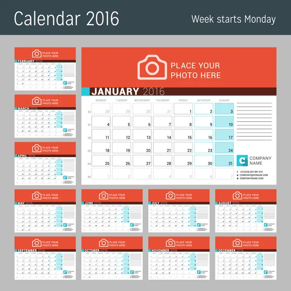 Calendário para 2016 Ano. Modelo de Planejador de Calendário de Design de Vetor com Lugar para Foto. A semana começa segunda-feira. Conjunto de 12 Meses . —  Vetores de Stock