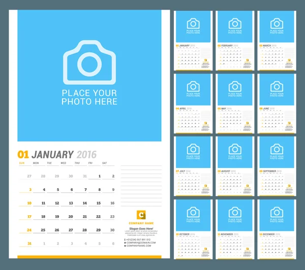 Planejador de calendário mensal de parede para 2016 Ano. Modelo de impressão de design vetorial com lugar para foto e notas. A semana começa no domingo. Conjunto de 12 Meses —  Vetores de Stock