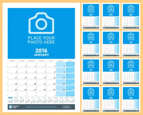 Настінний щомісячний планувальник календаря на 2016 рік. Векторний дизайн Друкувати шаблон з місцем для фотографії та нотаток. Тиждень починається з понеділка. Набір з 12 сторінок — стоковий вектор