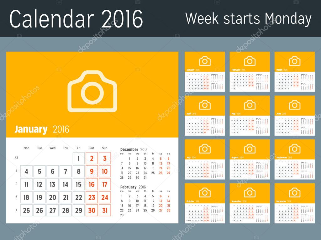 Calendar for 2016 Year. Vector Design Print Template. Week Starts Monday. Calendar Grid with Week Numbers. Set of 12 Months