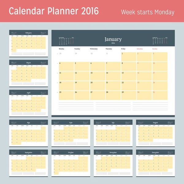 Calendário planejador para 2016 Ano. Modelo de impressão de design vetorial. A semana começa segunda-feira. Grade de calendário com números de semana e lugar para notas. Conjunto de 12 Meses — Vetor de Stock