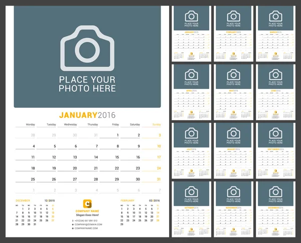 Planejador de calendário mensal de parede para 2016 Ano. Modelo de impressão de design vetorial com lugar para foto e notas. A semana começa segunda-feira. Conjunto de 12 Meses —  Vetores de Stock