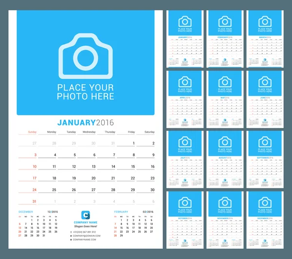 Настінний щомісячний планувальник календаря на 2016 рік. Векторний дизайн Друкувати шаблон з місцем для фотографії та нотаток. Тиждень починається неділя. Набір з 12 місяців — стоковий вектор