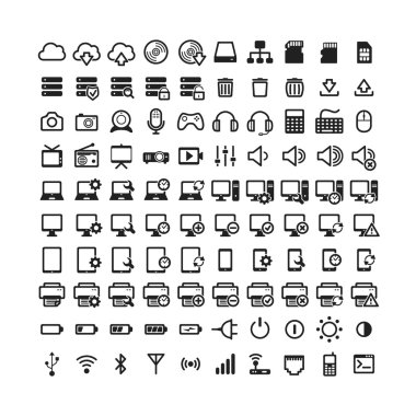 Set of 100 Technology Icons. Electronic devices. Computer. Multimedia