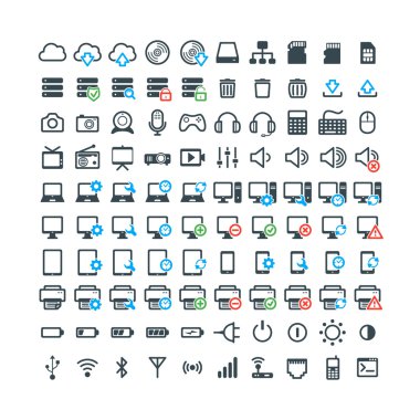 Set of 100 Technology Icons. Electronic devices. Computer. Multimedia