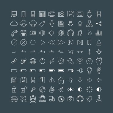 Set of Simple Vector Line Icons. Electronic Devices, Multimedia, Battery, Transportation
