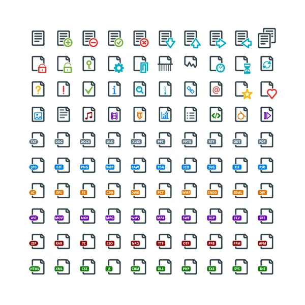 Set of 100 Document Colored Icons. File Extension. File Types. Operations with Documents — Stock Vector