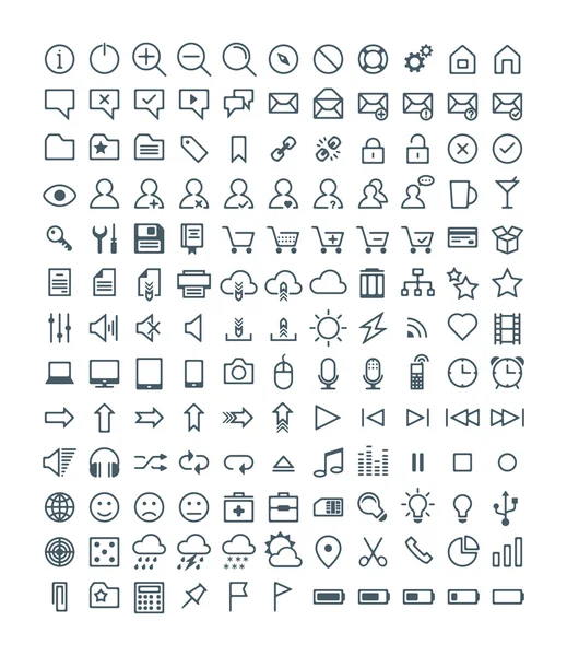 Conjunto de iconos de línea vectorial simple. Dispositivos electrónicos, Multimedia, Batería, Correo, Compras, Almacenamiento en la nube — Archivo Imágenes Vectoriales