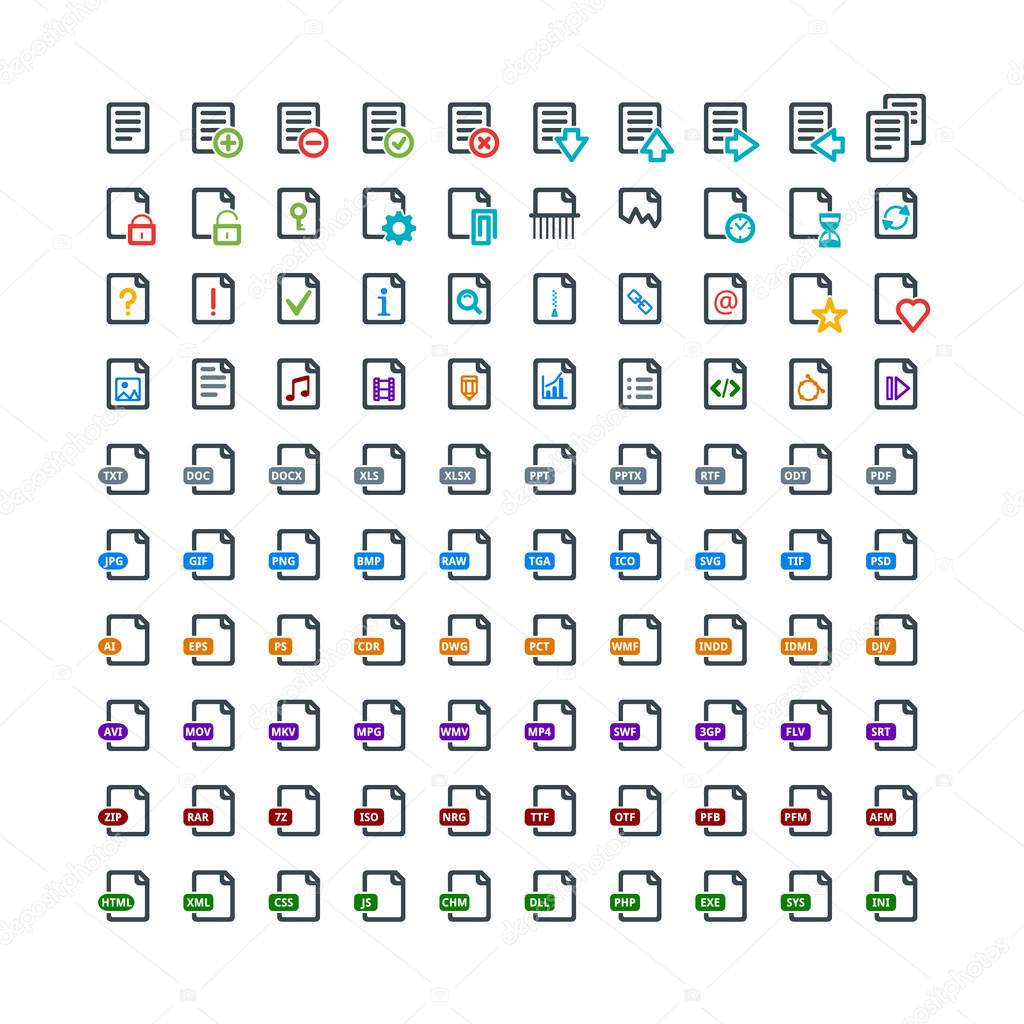 Set of 100 Document Colored Icons. File Extension. File Types. Operations with Documents