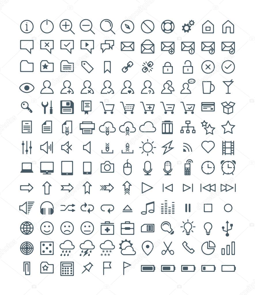 Set of Simple Vector Line Icons. Electronic Devices, Multimedia, Battery, Mail, Shopping, Cloud Storage