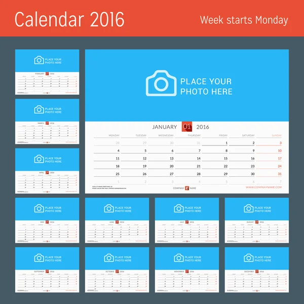 Planejador de calendário mensal de parede para 2016 Ano. Modelo de impressão de design vetorial com lugar para foto e notas. A semana começa segunda-feira. Conjunto de 12 Meses —  Vetores de Stock