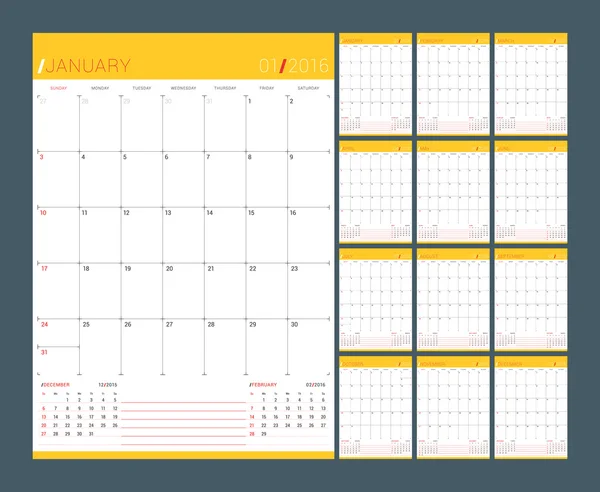 Planificador de calendario para el año 2016. Plantilla de impresión de diseño vector. La semana empieza el domingo. Conjunto de 12 meses — Archivo Imágenes Vectoriales