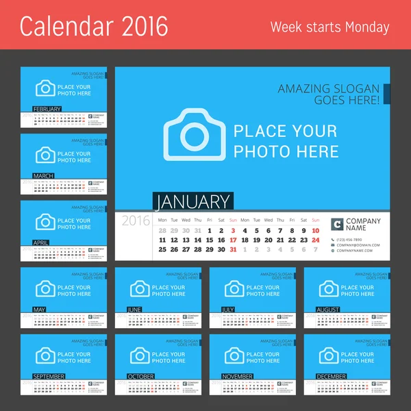 Шаблон календаря на 2016 год. Шаблон векторного дизайна с местом для фотографии. Начинается в понедельник. Комплект из 12 месяцев — стоковый вектор