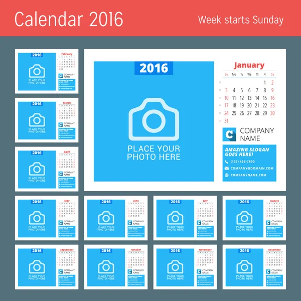 Шаблон календаря на 2016 год. Шаблон векторного дизайна с местом для фотографии. Неделя начинается в воскресенье. Комплект из 12 месяцев — стоковый вектор