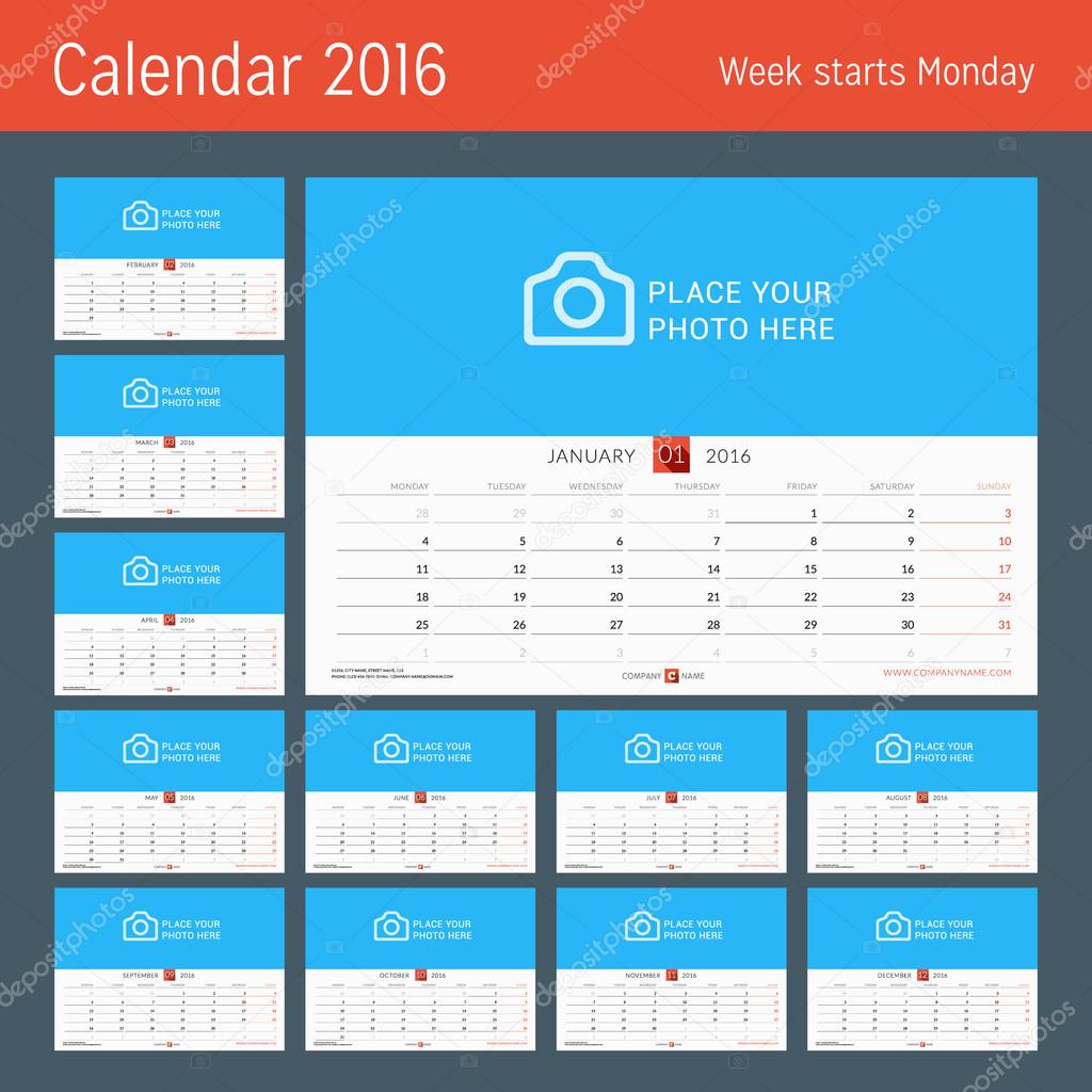 Wall Monthly Calendar Planner for 2016 Year. Vector Design Print Template with Place for Photo and Notes. Week Starts Monday. Set of 12 Months
