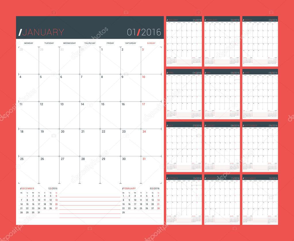 Calendar Planner for 2016 Year. Vector Design Print Template. Week Starts Monday. Set of 12 Months