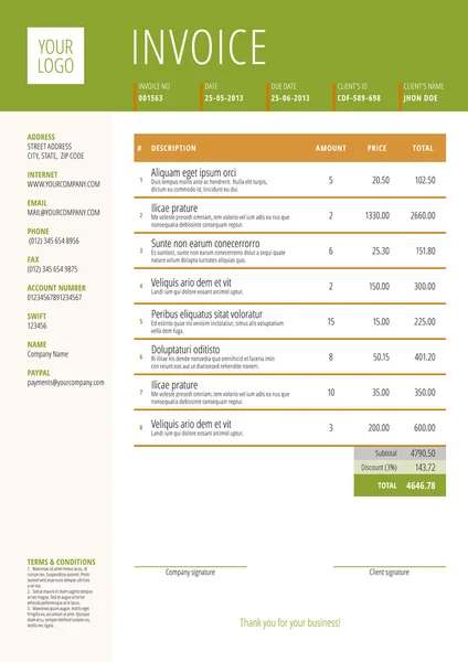 Vector factuur sjabloon formulierontwerp. Vectorillustratie. Groene en bruine kleurenthema — Stockvector