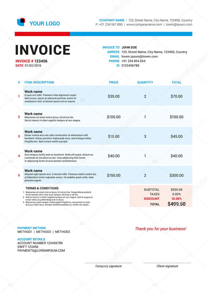 Vector Invoice Form Template Design. Vector Illustration. Red and Blue Color Theme