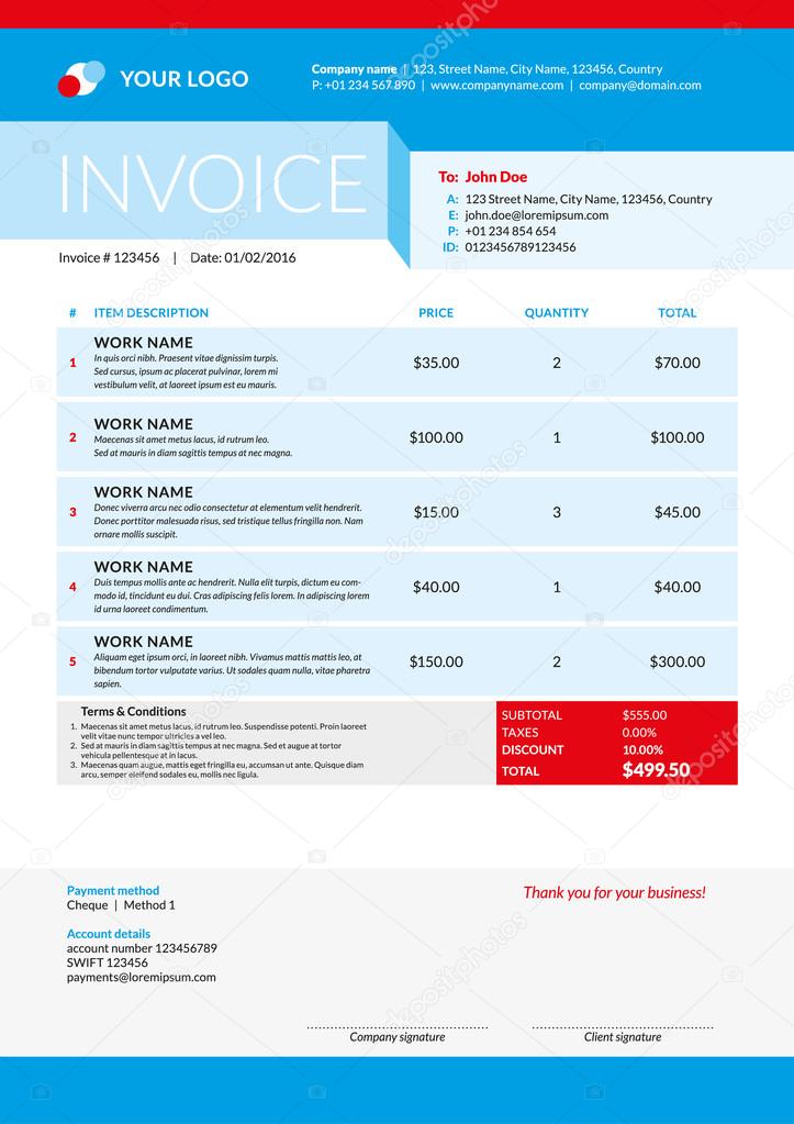 Vector Invoice Form Template Design. Vector Illustration. Red and Blue Color Theme