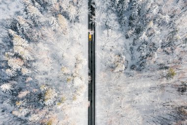 Sarı araba kış ormanlarında karla kaplı yol boyunca ilerler. İHA 'dan otoyola hava görüntüsü.