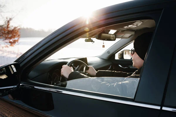 Portrait Young Man Driving Black Modern Car Travel Concept Driving — Stock Photo, Image