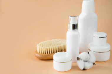 Bej arka planda boş kozmetik kaplar ve şişeler. Yüz ve vücut bakımı için bir takım kozmetik ürünler. Boşluğu kopyala.