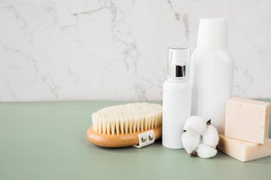 Banyoda boş kozmetik kaplar, kavanozlar, vücut fırçası ve sabun var. Yüz ve vücut bakımı için bir takım kozmetik ürünler. Boşluğu kopyala.