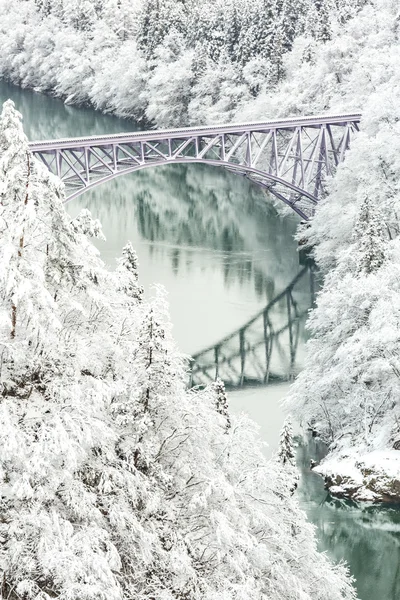 Winterlandschaft mit Fluss und Brücke — Stockfoto