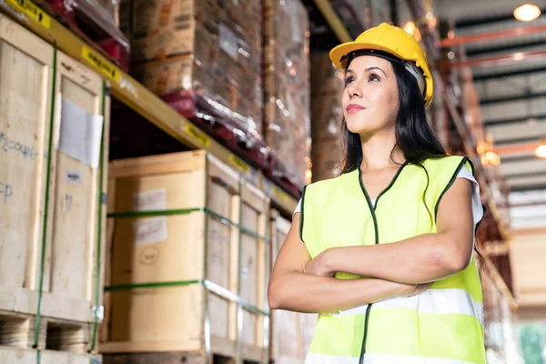 Portrait White Caucasian Warehouse Female Worker Woman Stand Cross Arm — Stock Photo, Image