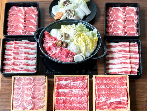 Japanese Wagyu Beef Kurobuta Pork Sukiyaki Set Ready Cook — Stock Photo, Image