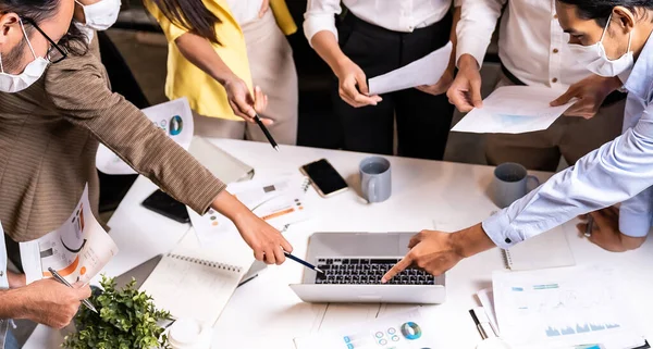 Close Panorama Work Late Concept Interracial Asian Business Team Brainstorm Stock Image