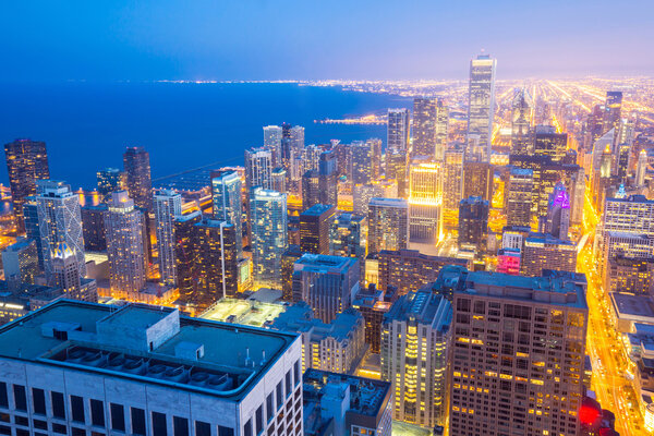 Aerial view of Chicago City downtown at dusk USA