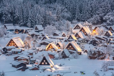 Shirakawago ışıklı kar yağışı ile