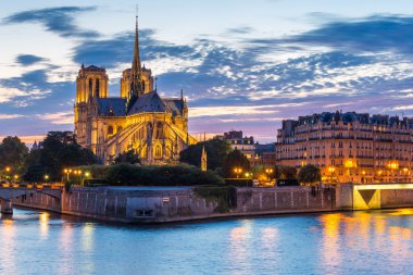 Alacakaranlıkta Paris'teki Notre Dame Katedrali