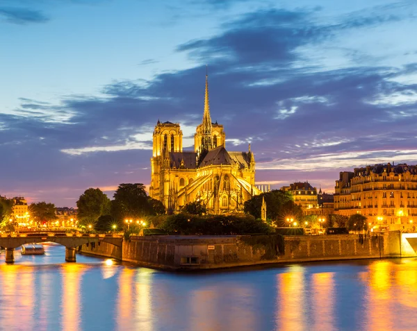 Alacakaranlıkta Paris'teki Notre Dame Katedrali — Stok fotoğraf
