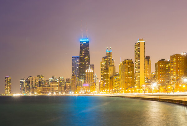 Chicago downtown and Lake Michigan at dusk