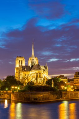Alacakaranlıkta Paris'teki Notre Dame Katedrali