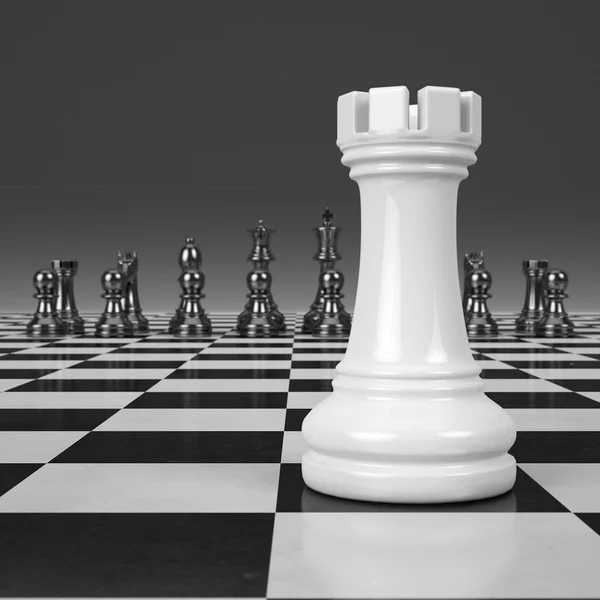 3D-Darstellung von Schachfiguren auf einem glänzenden Schachbrett — Stockfoto