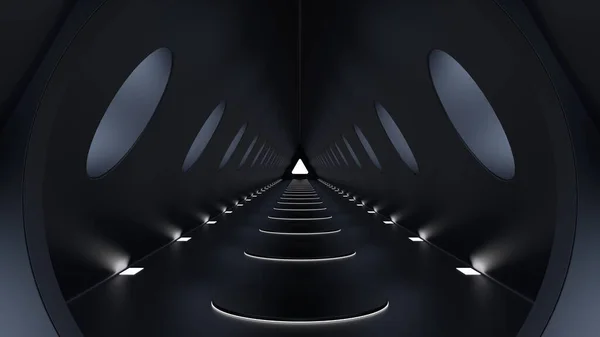 Render Longo Túnel Escuro Com Janelas Luzes — Fotografia de Stock