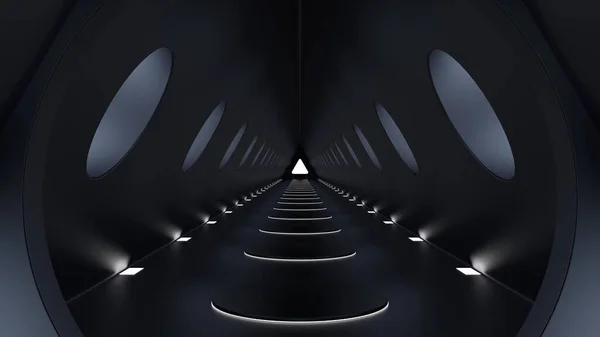 Renderizar Túnel Oscuro Largo Con Ventanas Luces Imagen De Stock