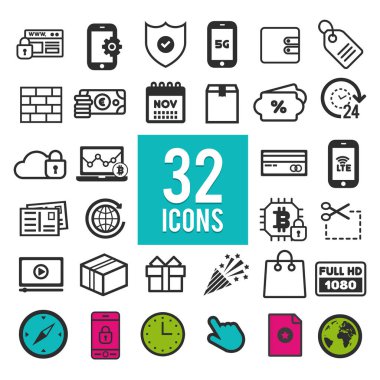 Web ve mobil uygulamalar için simge belirlendi - bilgisayar - medya - pazarlama - iletişim - seyahat - alışveriş - ticaret - finans - ulaşım - beyaz arkaplanda tıbbi semboller.