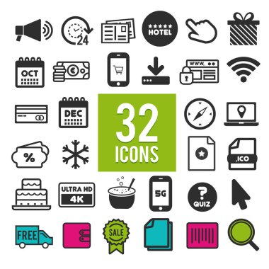 Mobil kavramlar ve web uygulamaları için elementleri olan düz dizayn edilmiş çizgi simgeleri. Koleksiyon modern bilgi logosu ve pictogram.