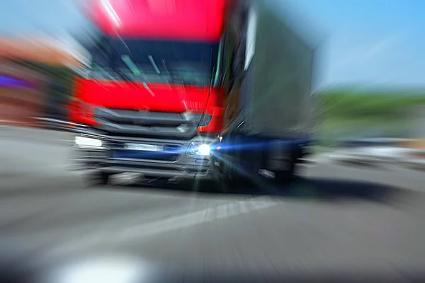 Camión Con Cabina Roja Movimiento Tasa Accidentes Vista Desde Cabina —  Fotos de Stock