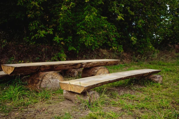 Ένα Ξύλινο Παγκάκι Και Ένα Άδειο Τραπέζι Στο Δάσος Ένας — Φωτογραφία Αρχείου