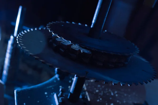 Sharp circular saw blades close up. Dangerous machine to cut up from horror films.